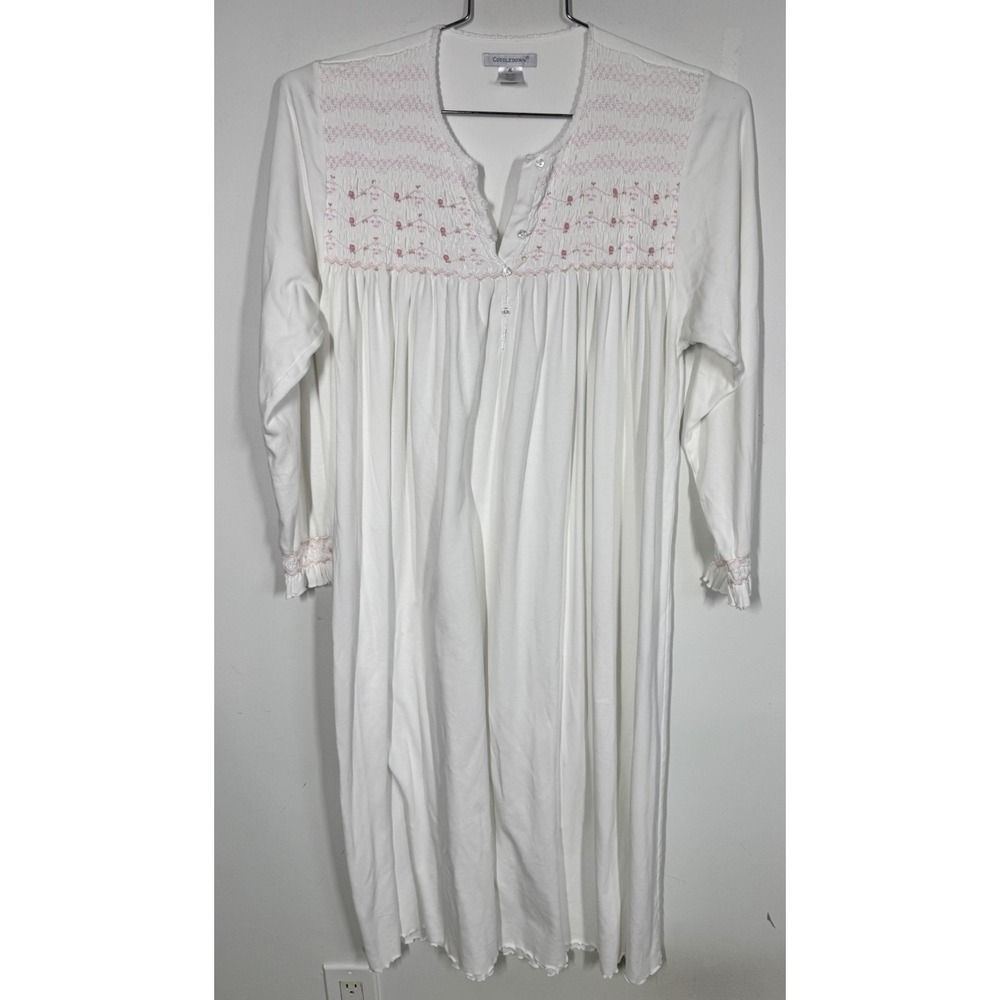 Cuddledown Isabel White Pima Cotton Hand Smocked Long Sleeve Nightgown Size XL